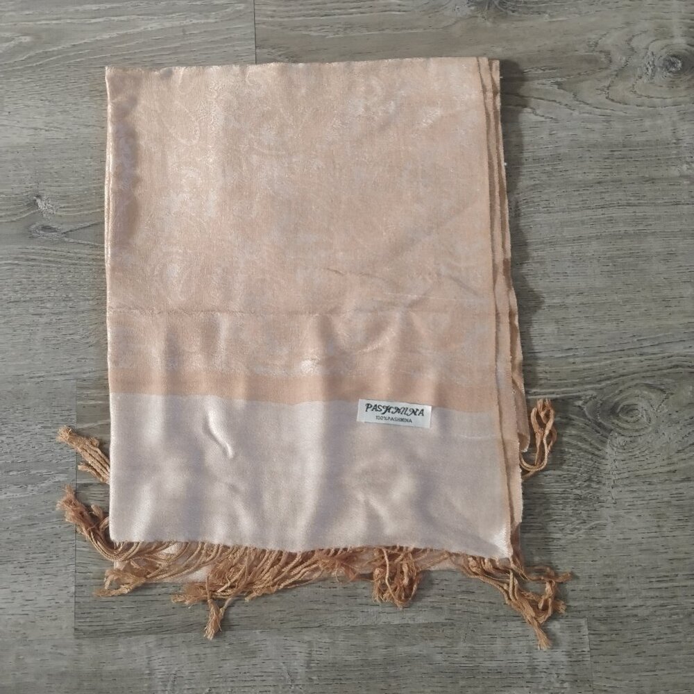 100% Pashmina Floral Damask Scarf - Champagne Gold Fringe Shawl